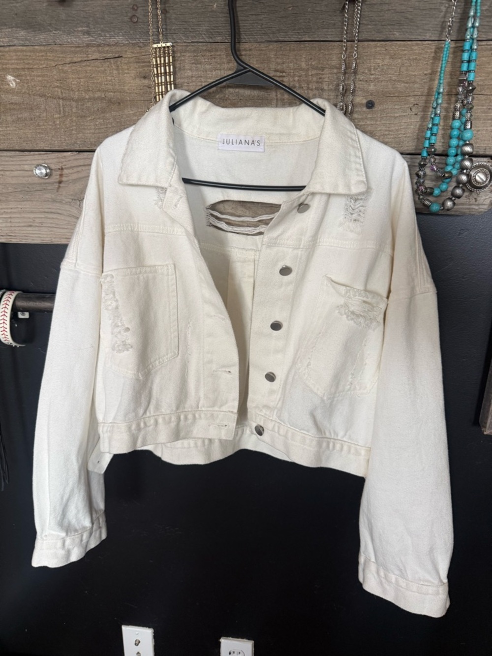 Juliana’s Boutique White Distressed Cropped Jacket With Rhinestone Fringe